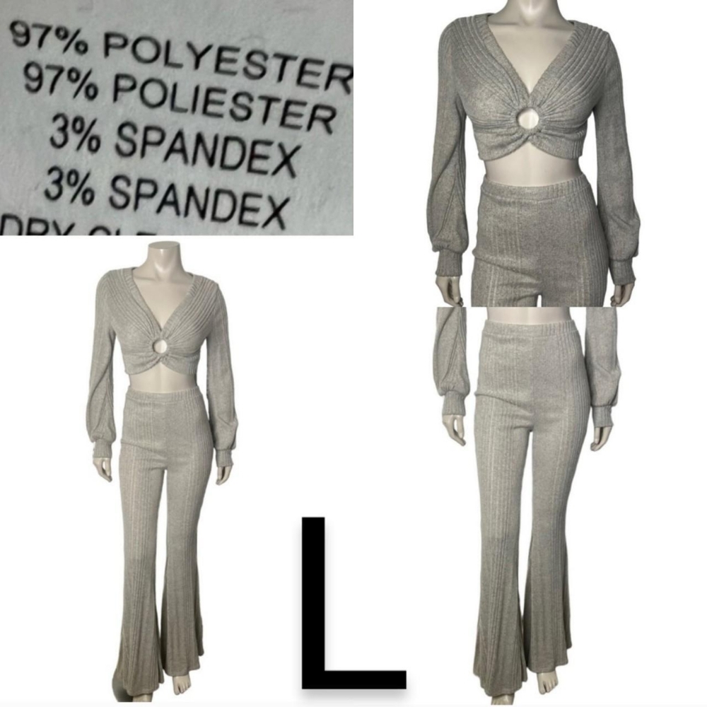 🆕Taupe Knit Front O-Ring Top & High Rise Bell Bottom Pants Set~ Size L